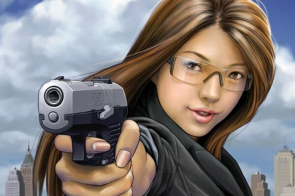 Portrait of an anime-style girl holding someone off-screen at gunpoint