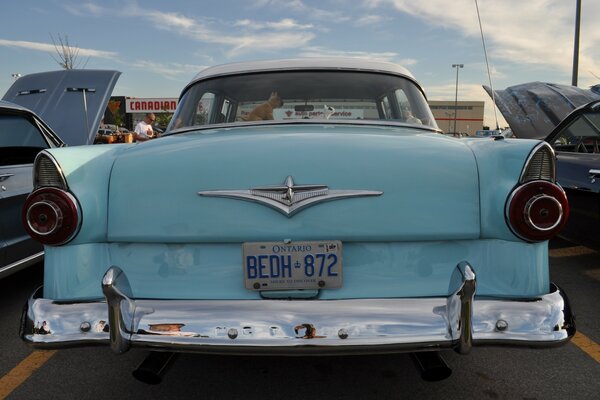 A rare blue Ford car in the parking lot