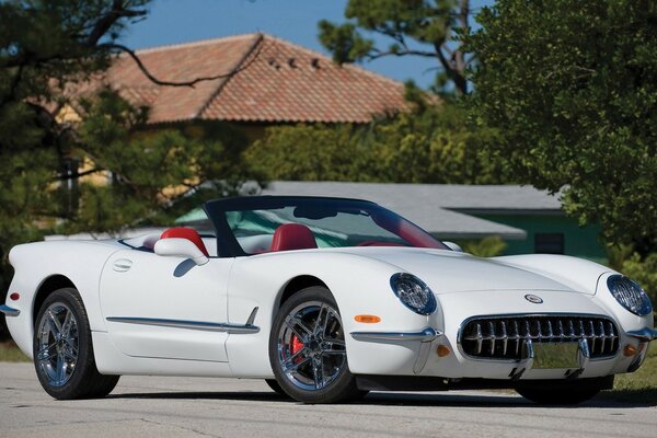 White sports convertible with red leather interior