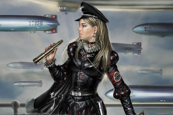 A woman with a telescope in a leather uniform on board an airship