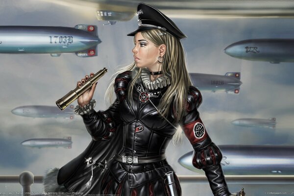 Femme avec une spygargue en uniforme de cuir à bord d un dirigeable