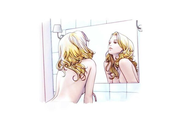 Fille et son reflet dans le miroir le matin