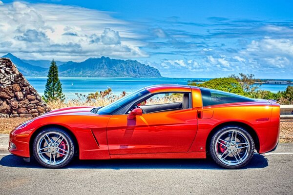 Sport rouge Chevrolet dans la nature