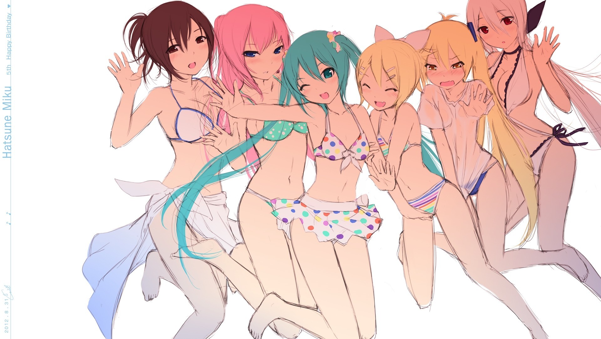 kagamine rin bikini swimsuit akita nehru hatsune miku megurine luka blue hair necklace pink hair blonde hair yowane haku red eyes long hair white hair ponytail brown hair wet blue eyes brown eyes band barefoot blush bow