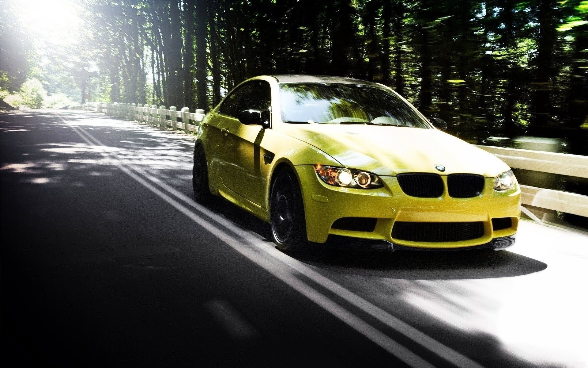 yellow road bmw m3 forest car