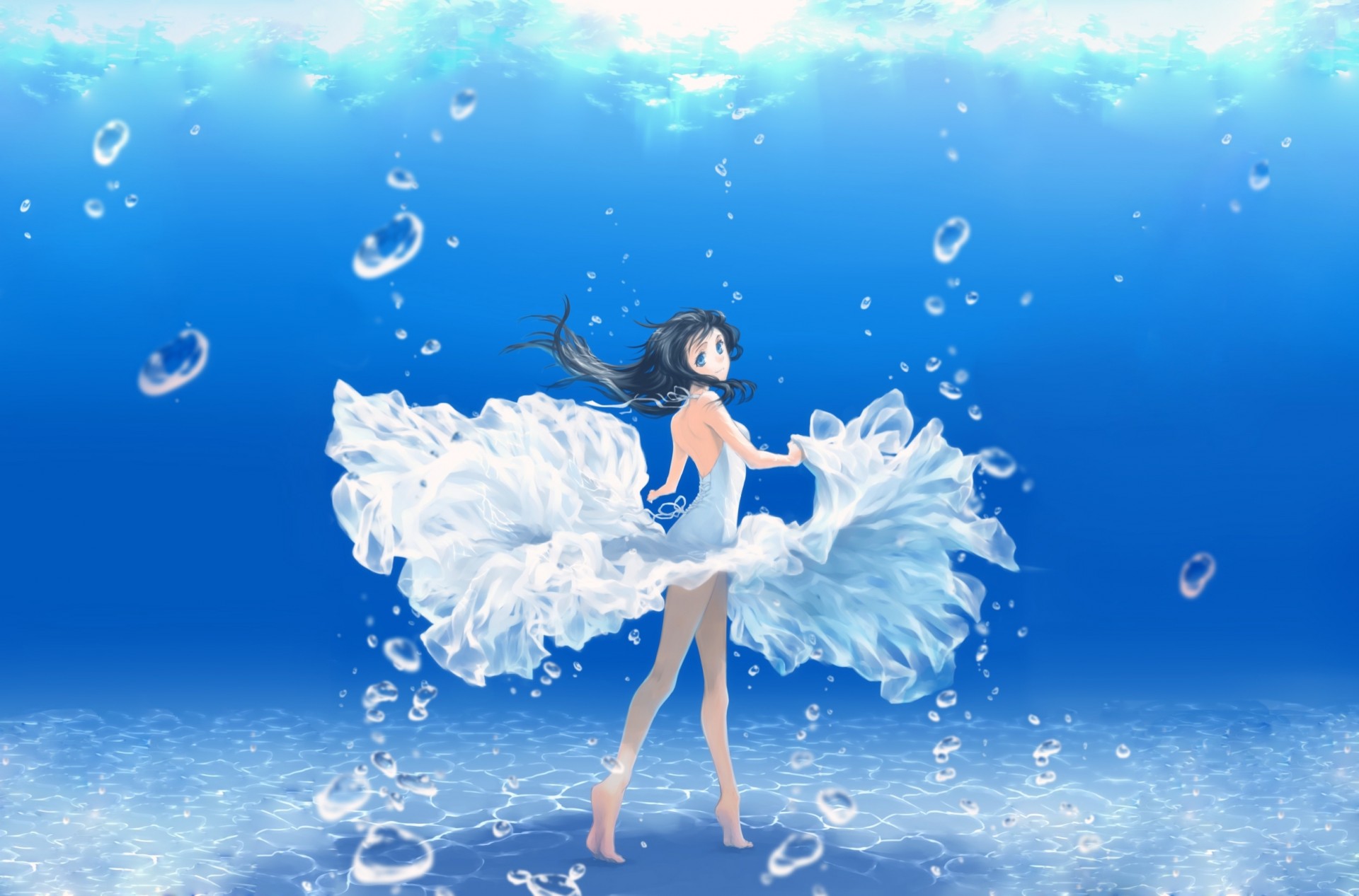 blue eyes underwater barefoot black hair long hair