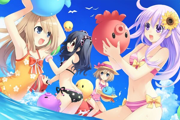 Cartoon girls with colorful hair in swimsuits