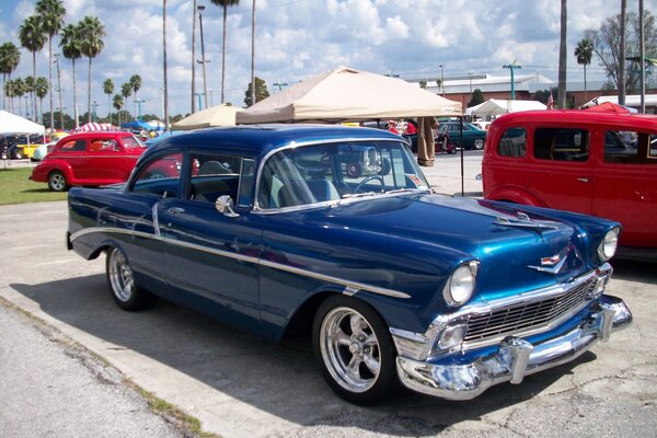 Exhibition of classic old cars, blue corvette