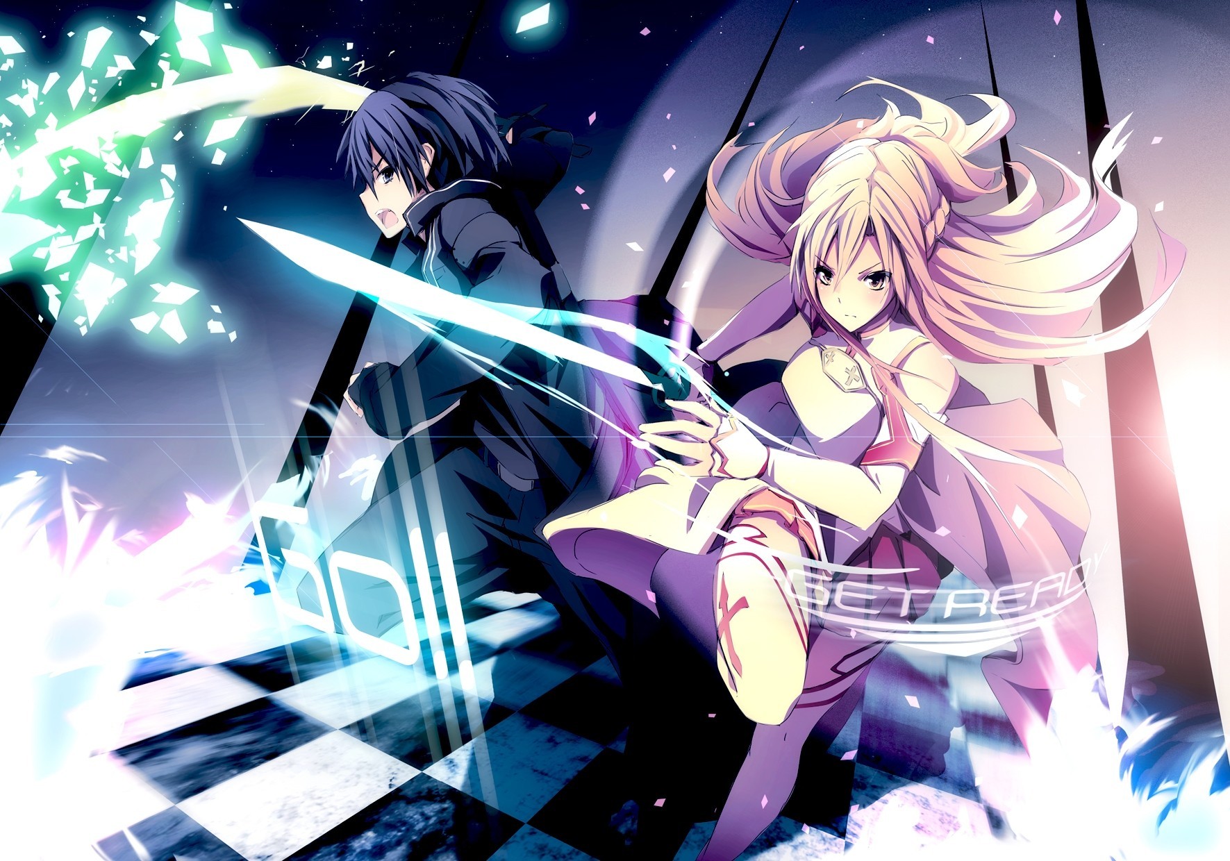 hort hair blonde hair black hair long hair gloves weapon kirigaya kazuto yuuki asuna sword black eye