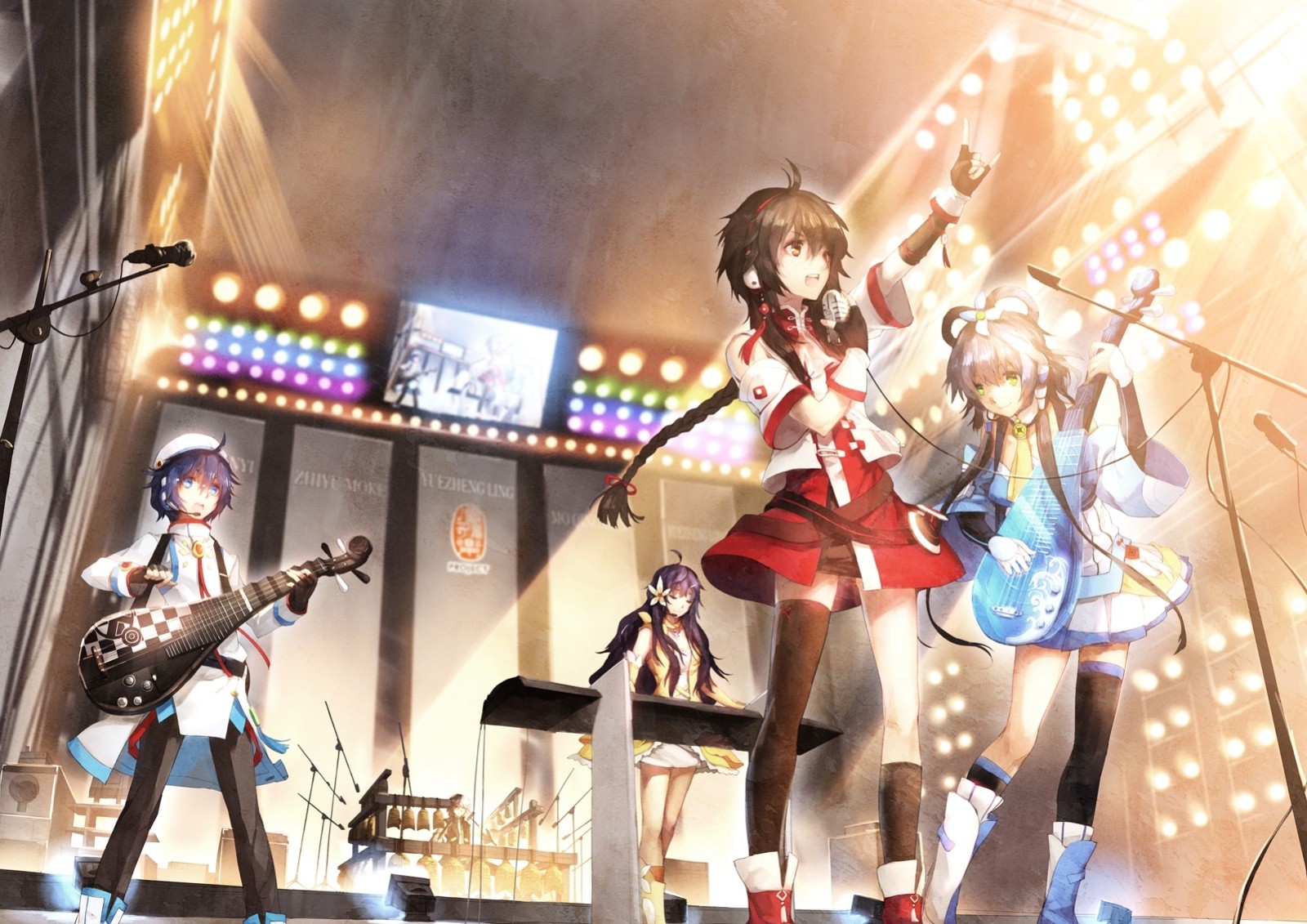 blue eyes purple hair luo tianyi green eyes microphone guitars device impact piano blue hair brown hair