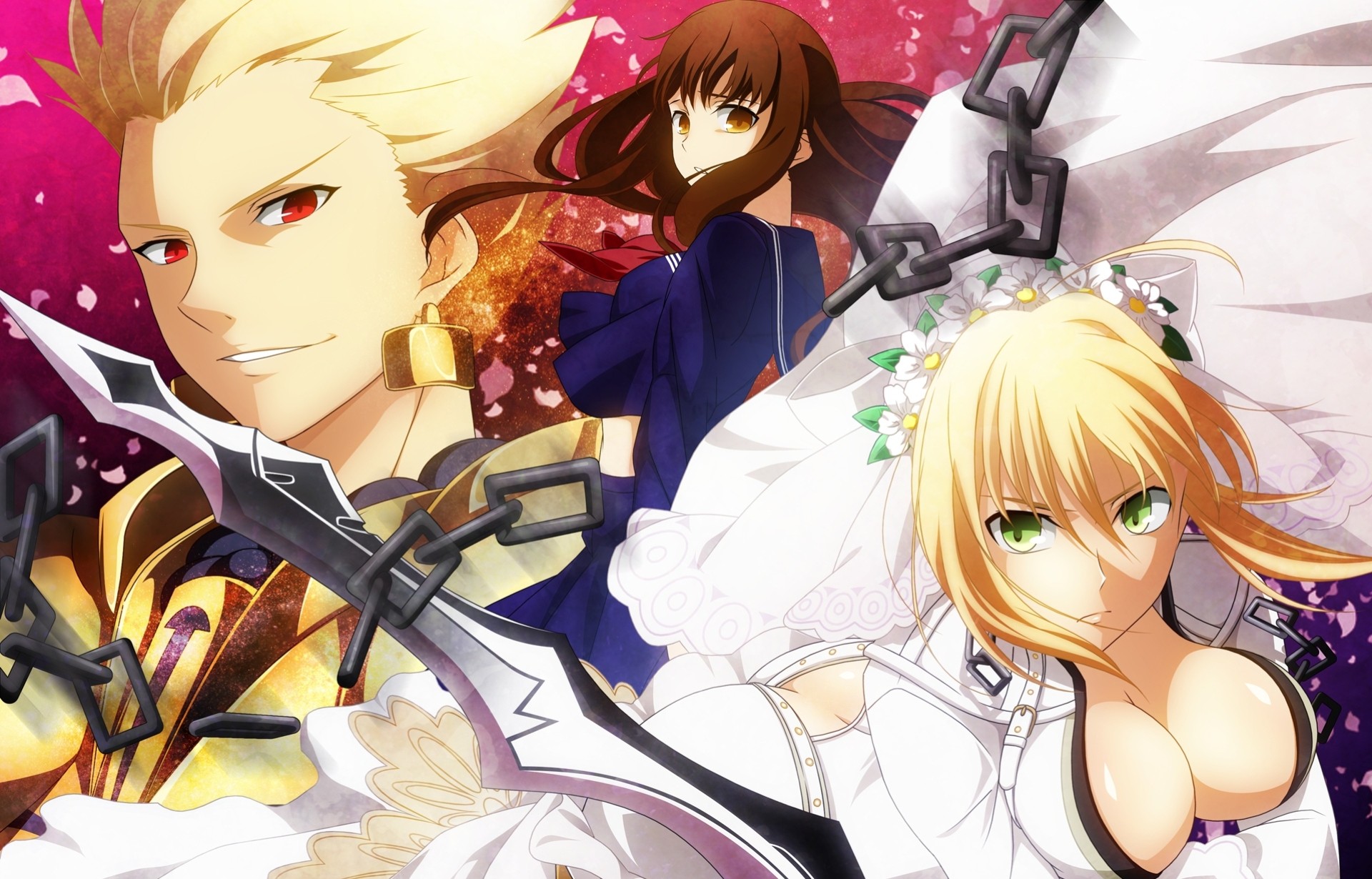 brown eyes seifuku blonde hair armor red eyes saber weapon long hair 2girls sword green eyes gilgamesh brown hair