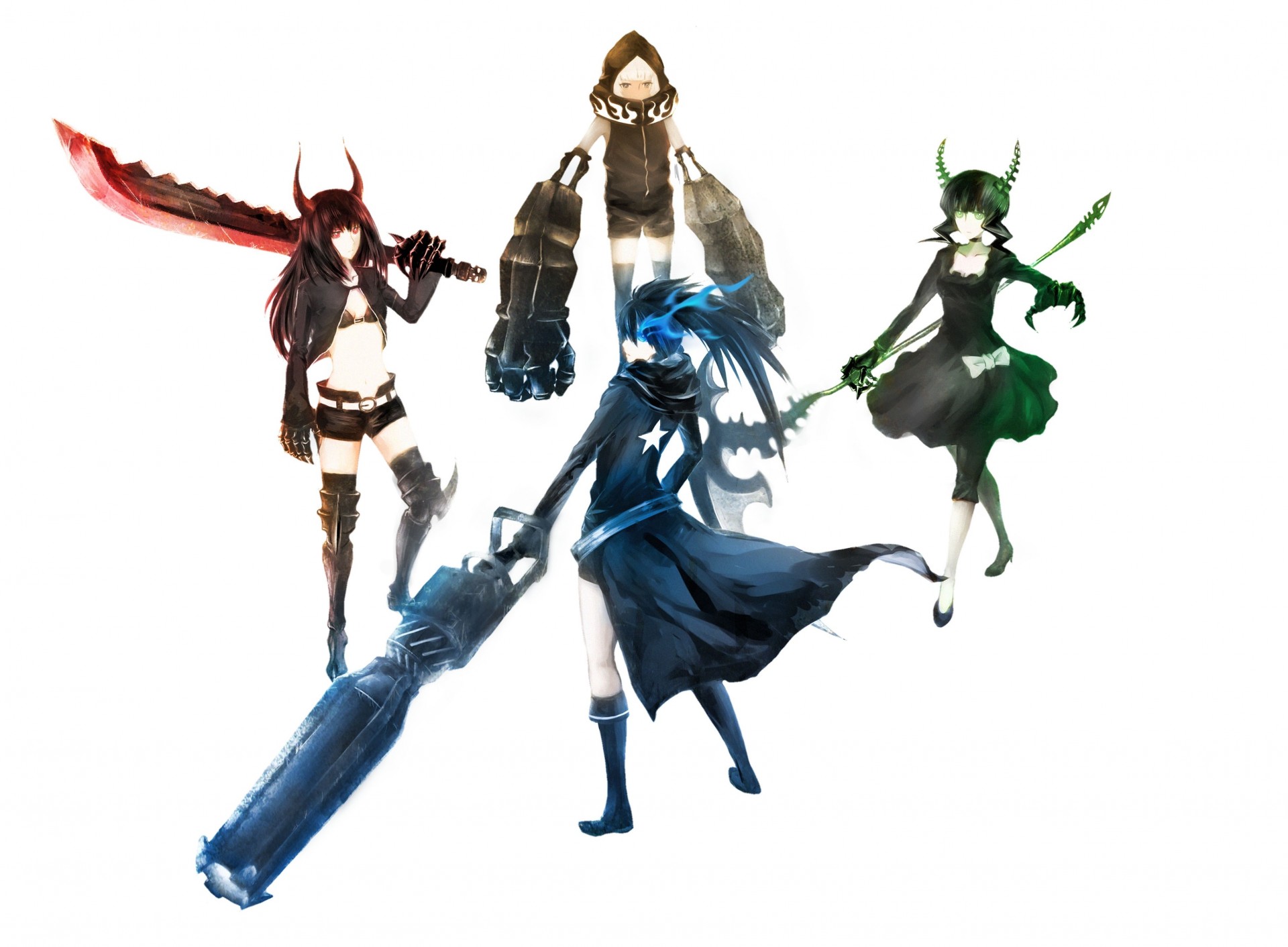 flying fortress kuroi mato sword dress blue eyes zettai ryouiki black hair red eyes horn long hair white hair short hair the group bikini weapon green eyes scar short