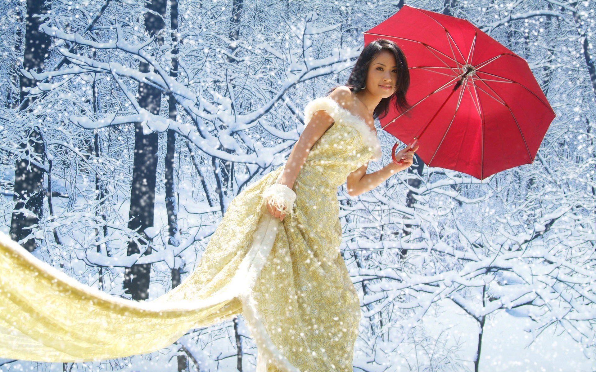 geisha parapluie rouge neige arbres