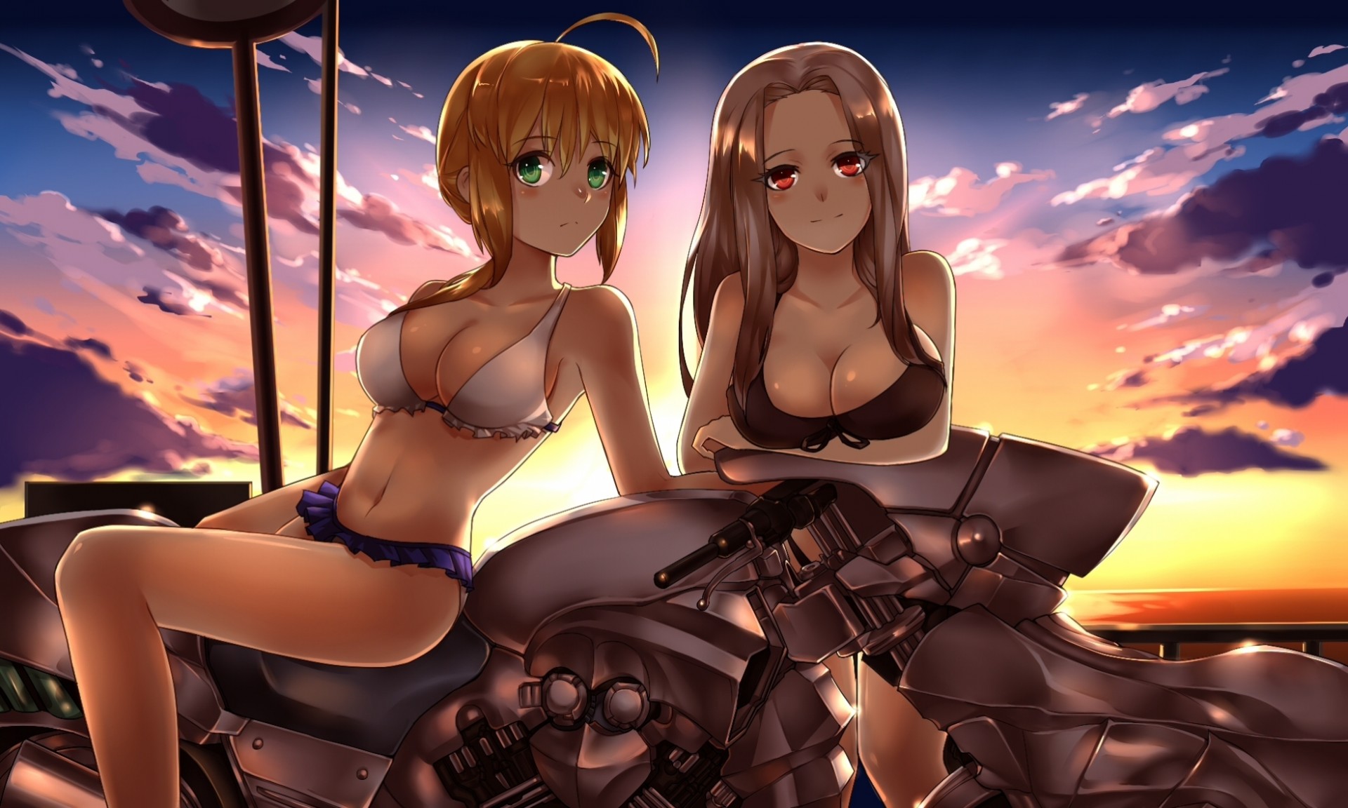 hort hair sunset blonde hair white hair bikini swimsuit red eyes green eyes long hair 2girls bike blush sword