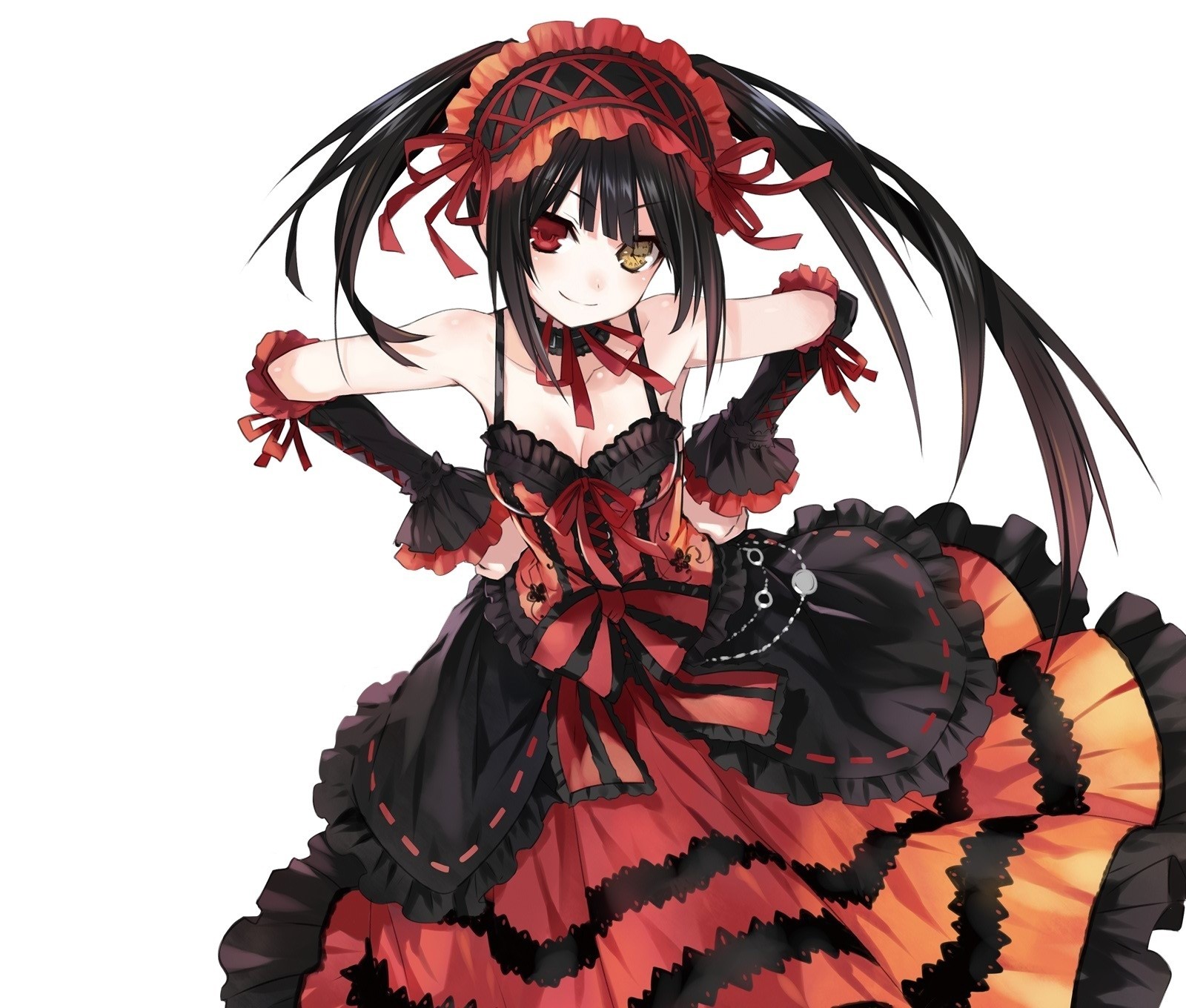 halskette kleid twintails schwarzes haar weiß rote augen langes haar kopfschmuck