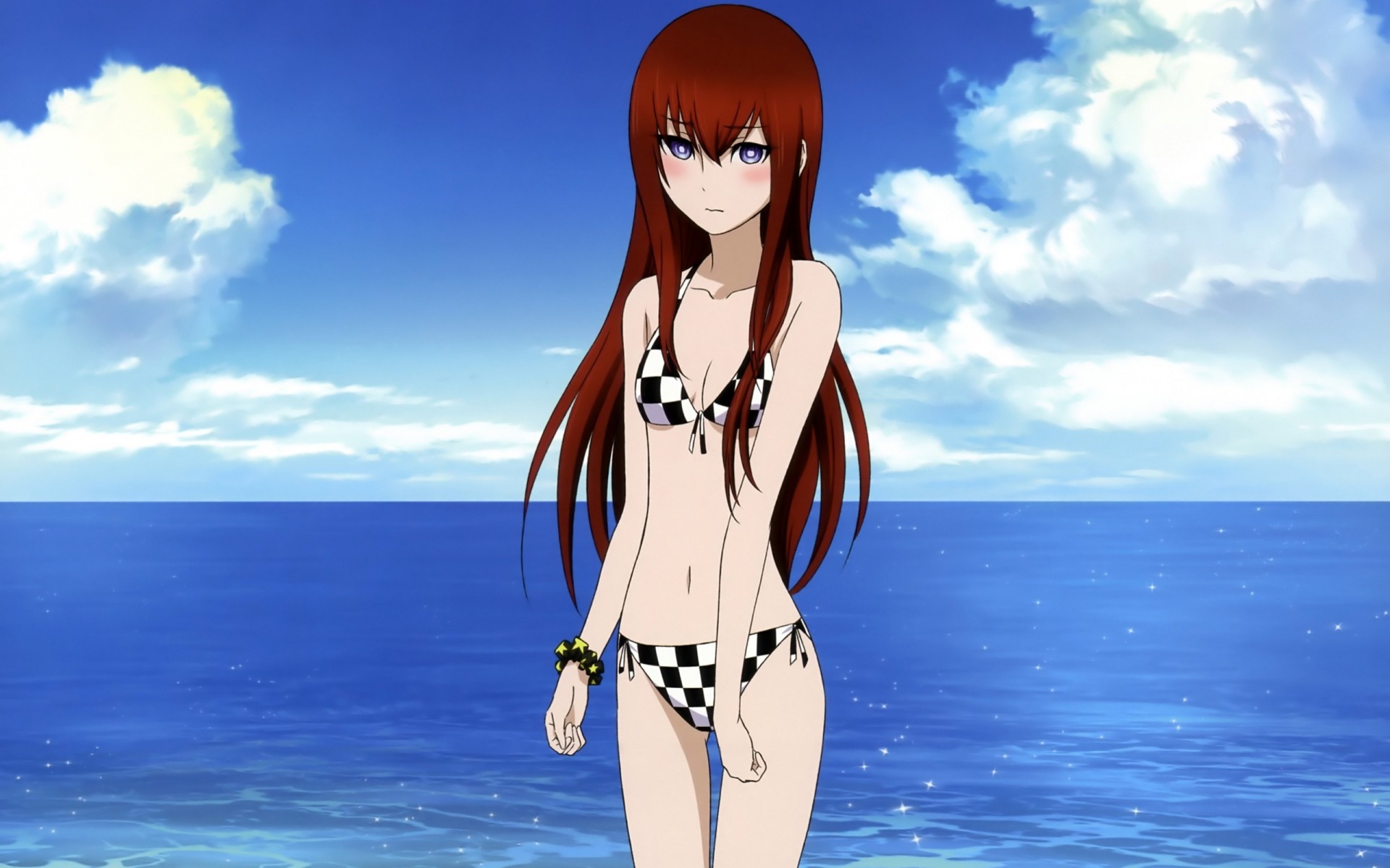 ojos azules makise kurisu rubor bikini traje de baño pelo largo playa pelo marrón