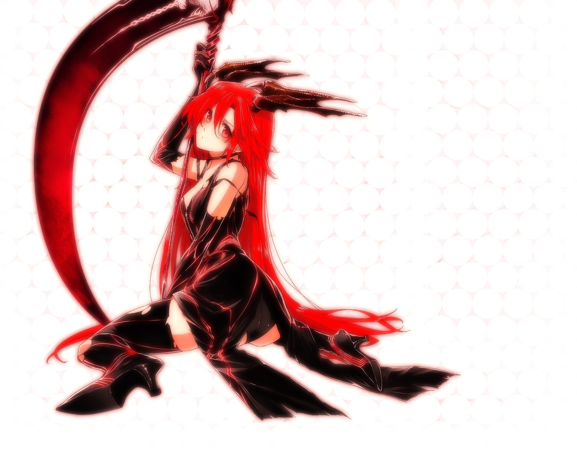 red hair lisara restall white red eyes weapon long hair spit thighhigh