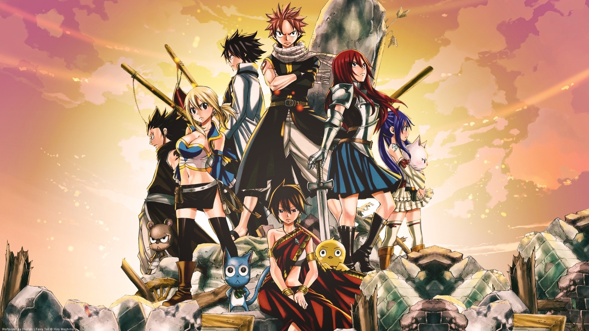 the group lucy heartfilia happy fairy tail erza scarlet gajeel redfox natsu dragneel