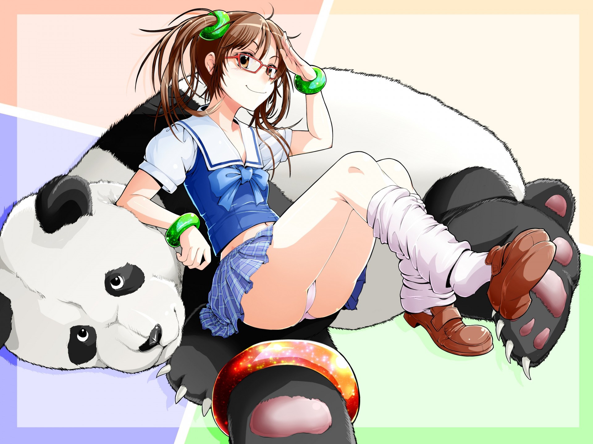 ojos marrones seifuku animales tagme twintails panda ropa interior bragas gafas pelo marrón