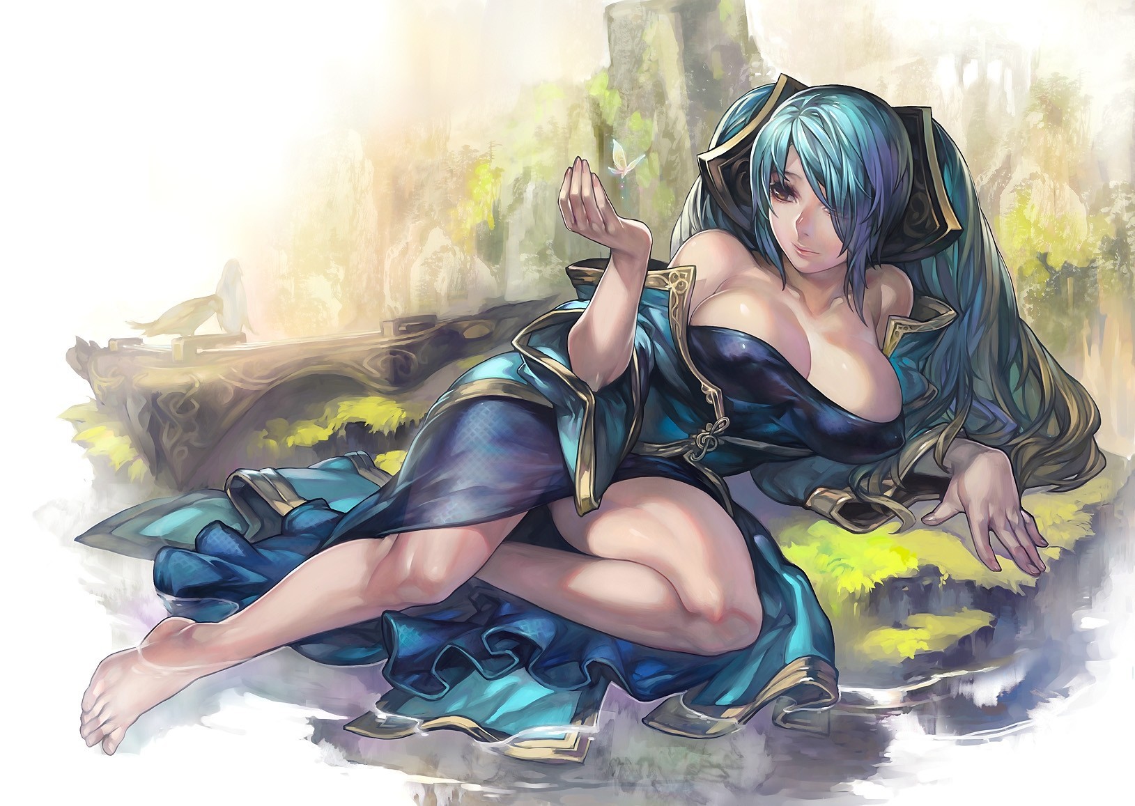 hintergrundbeleuchtung langes haar tiere twintails sona buvelle kleid wasser vögel