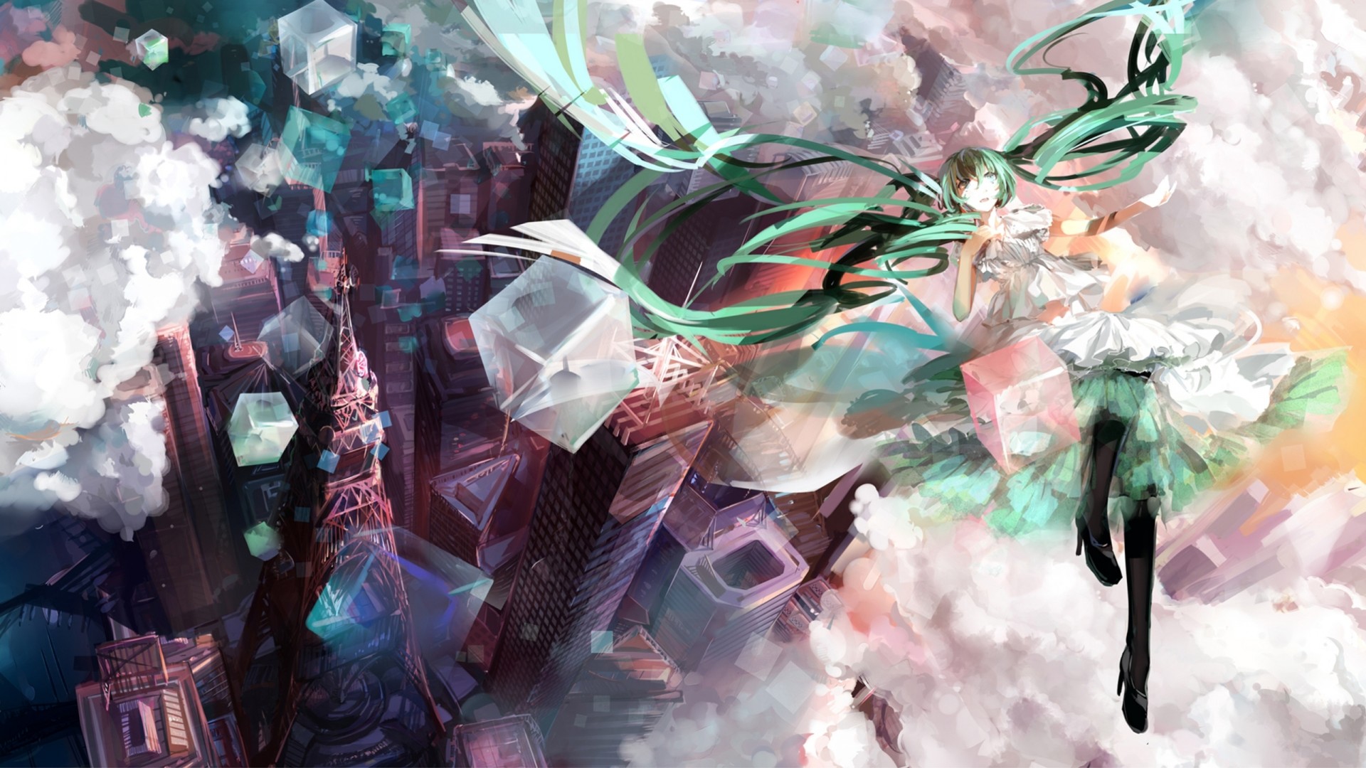 tights clouds landscape building twintails dress hatsune miku town beautiful