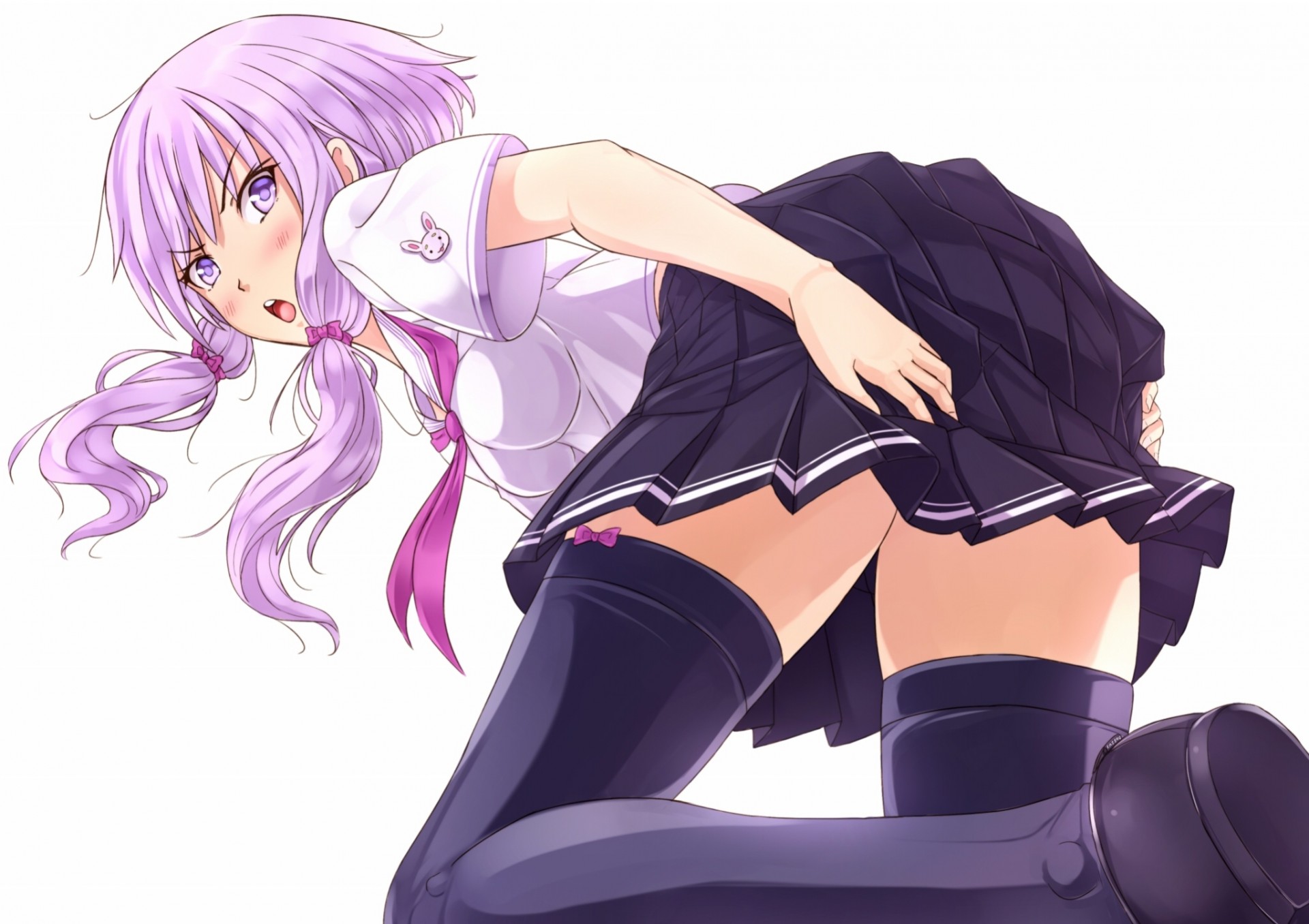 różowe włosy seifuku długie włosy rumieniec twintails różowe oczy thighhigh