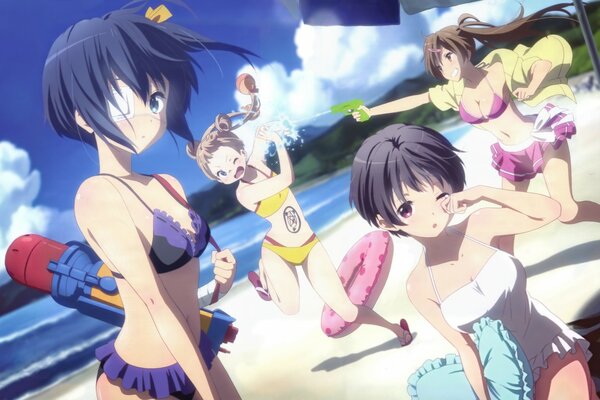Anime. Chicas en la playa en trajes de baño