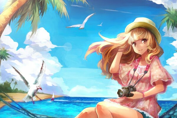 Anime girl in a hat with a camera on the shore