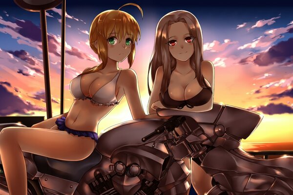 Chicas de anime en motocicletas en traje de baño con el pelo largo