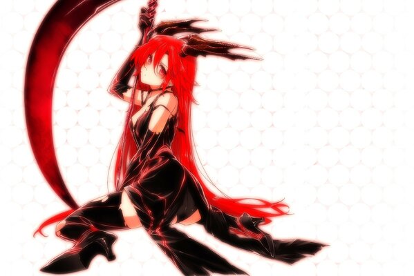 Девушка-демон с красными волосами и косой в руках