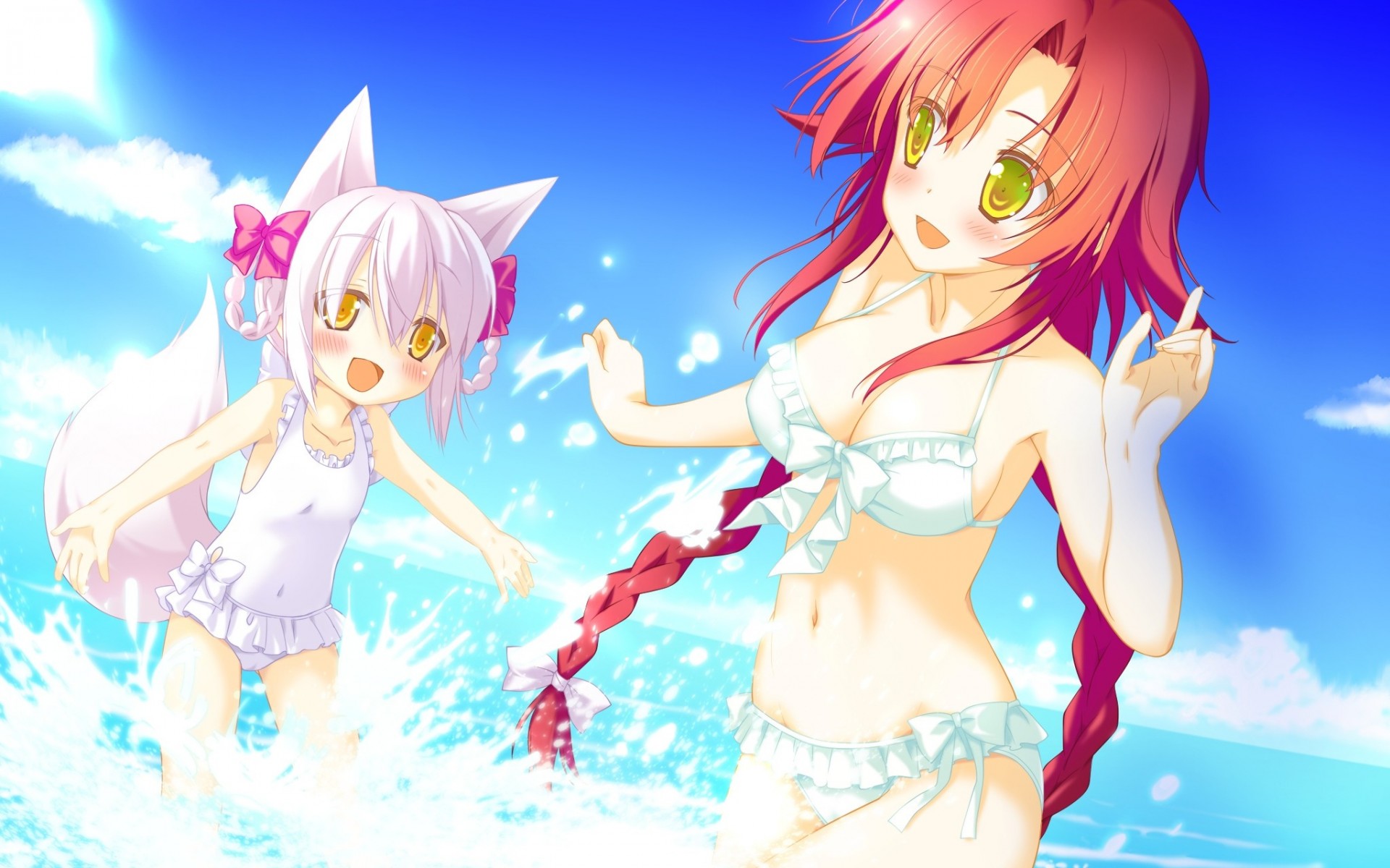 hort hair spit blush clouds bikini swimsuit red hair long hair sky 2girls water torment white hair animal ears tail