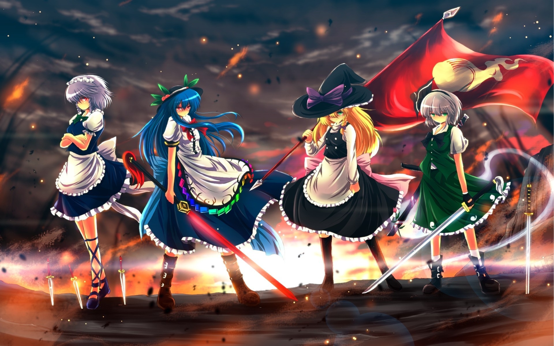 pit tapes witch blonde hair hinanawi tenshi white hair maid izayoi sakuya red eyes weapon long hair katana konpaku youmu gloves knife green eyes sword