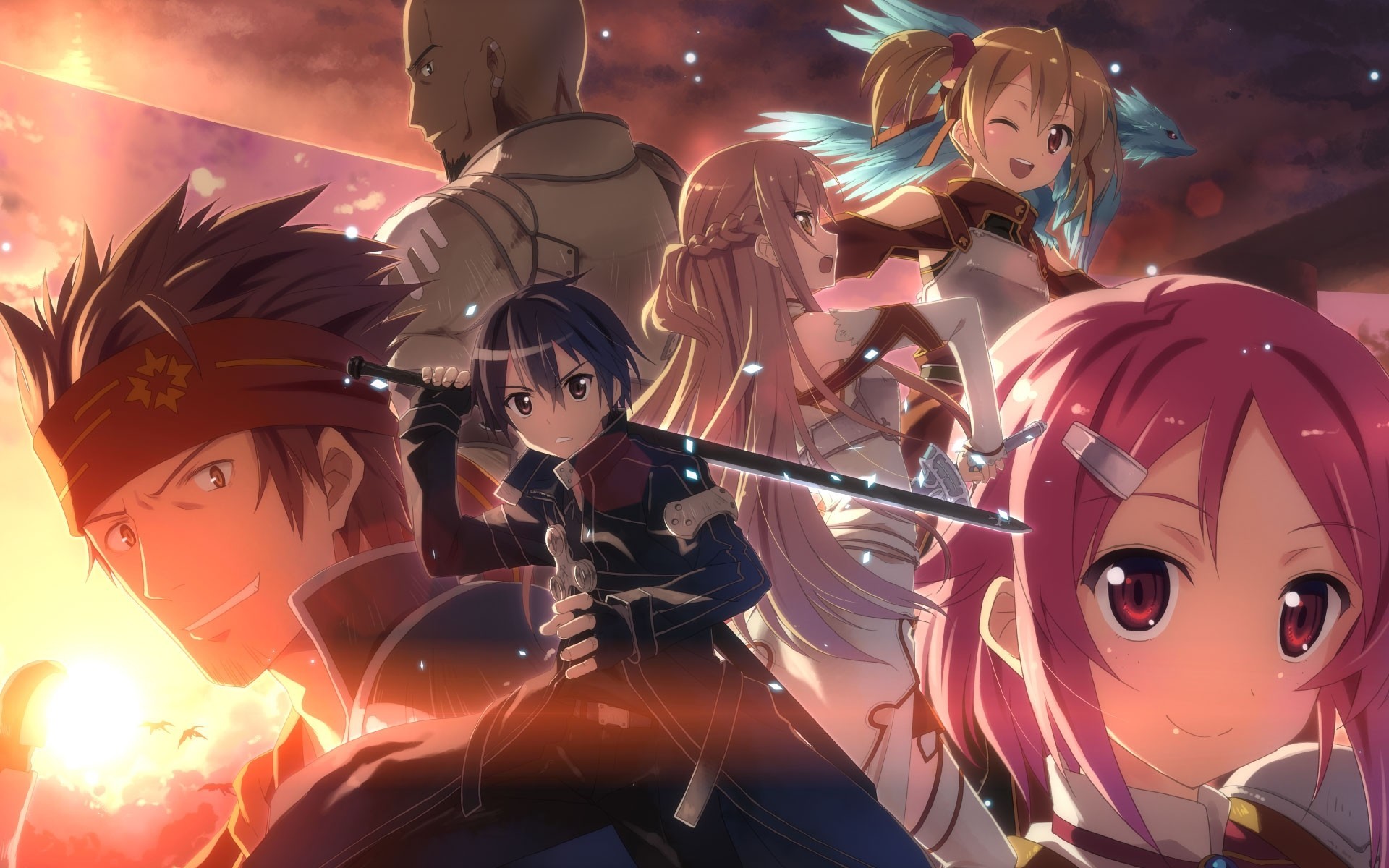 unset weapon kirigaya kazuto yuuki asuna sword pink hair wink armour black hair red eyes long hair brown hair short hair brown eyes tapes the group skirt dragon glove