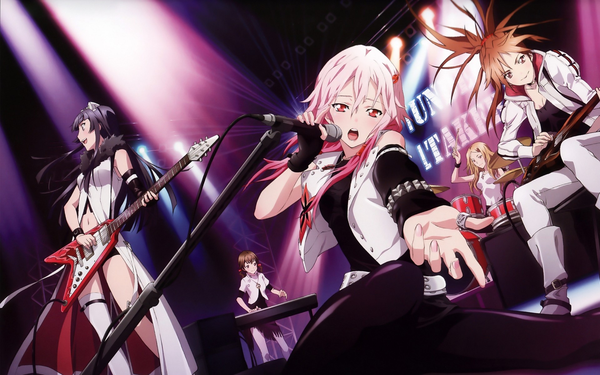 pink hair twintails blonde hair blush long hair brown eyes red eyes shinomiya ayase yuzuriha inori microphone guitars device impact piano tail thighhighs brown hair