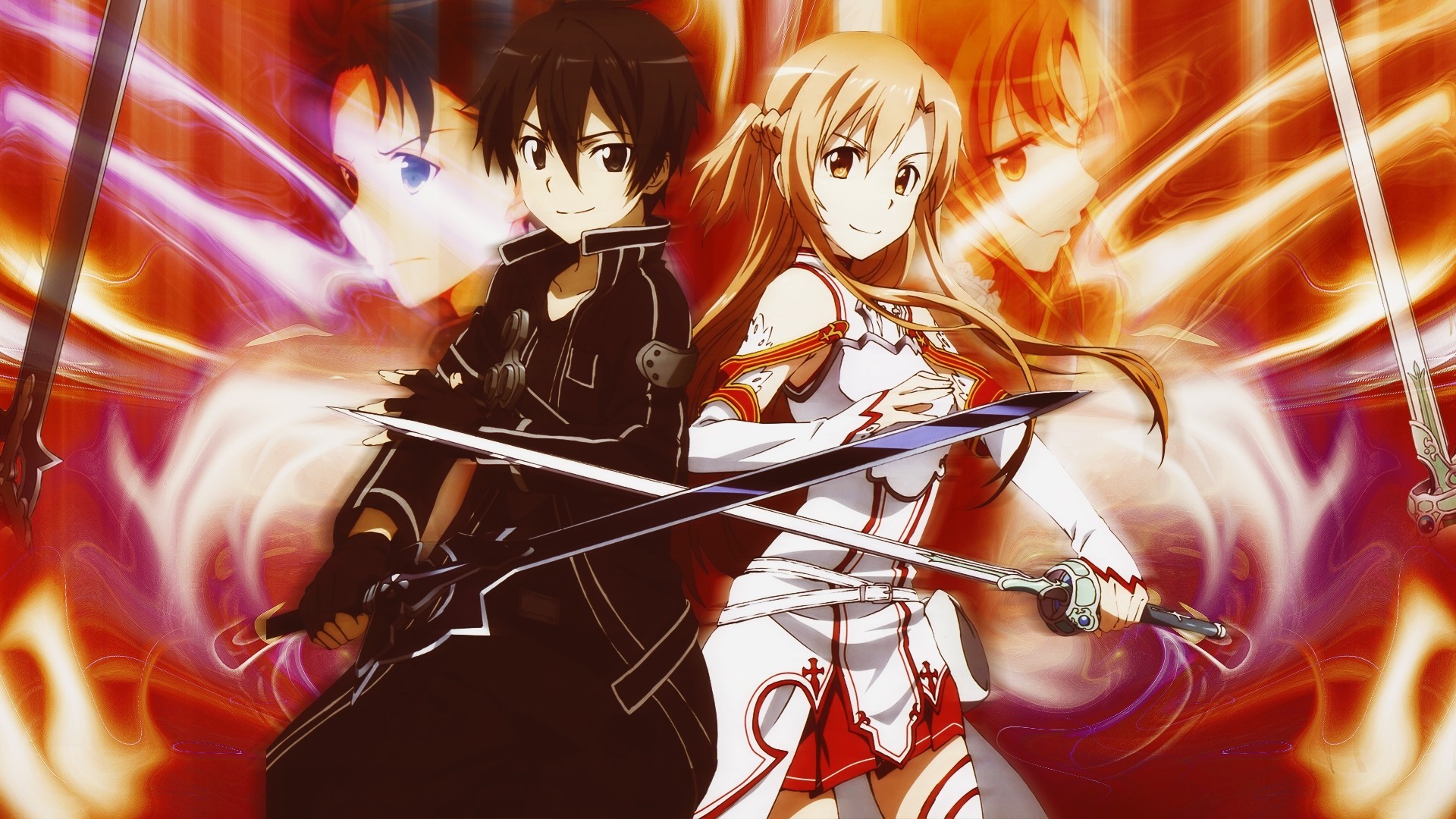 hort hair long hair skirt weapon kirigaya kazuto yuuki asuna sword black eyes brown hair