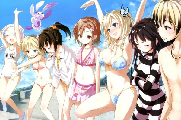 Anime girls in bikinis on the beach