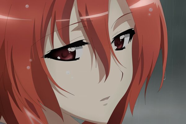 Sad eyes of a red-haired anime girl