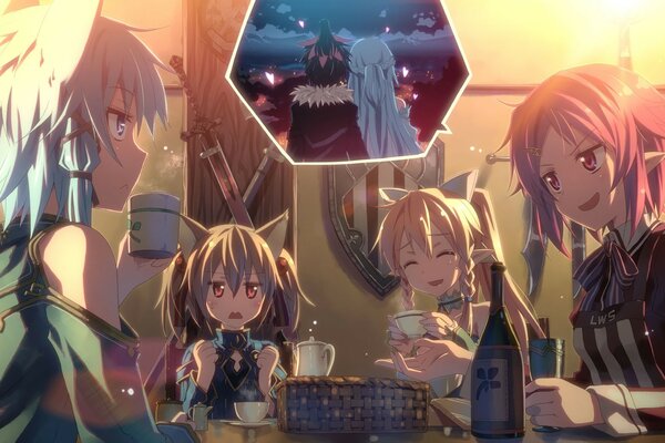 Four girls drinking tea
