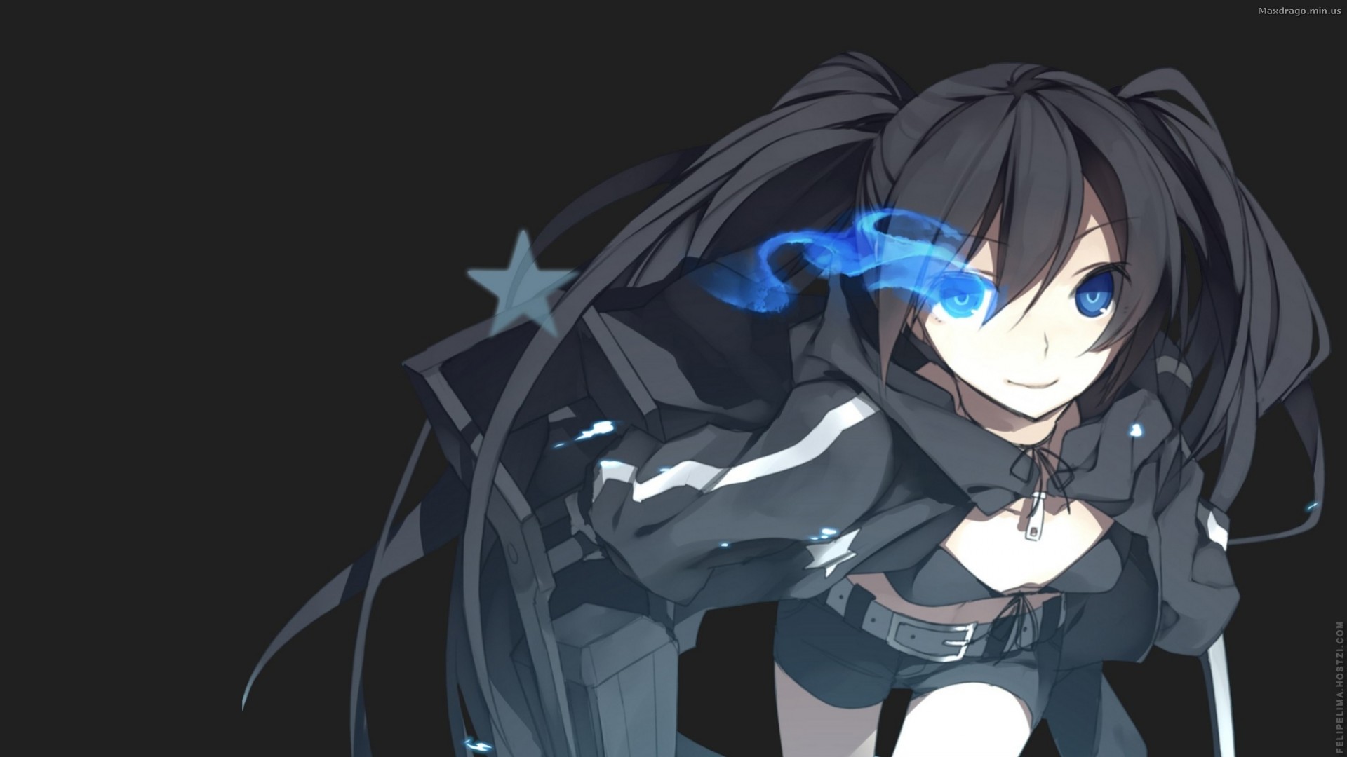 yeux bleus twintails cheveux noirs cheveux longs noir arme kuroi mato short