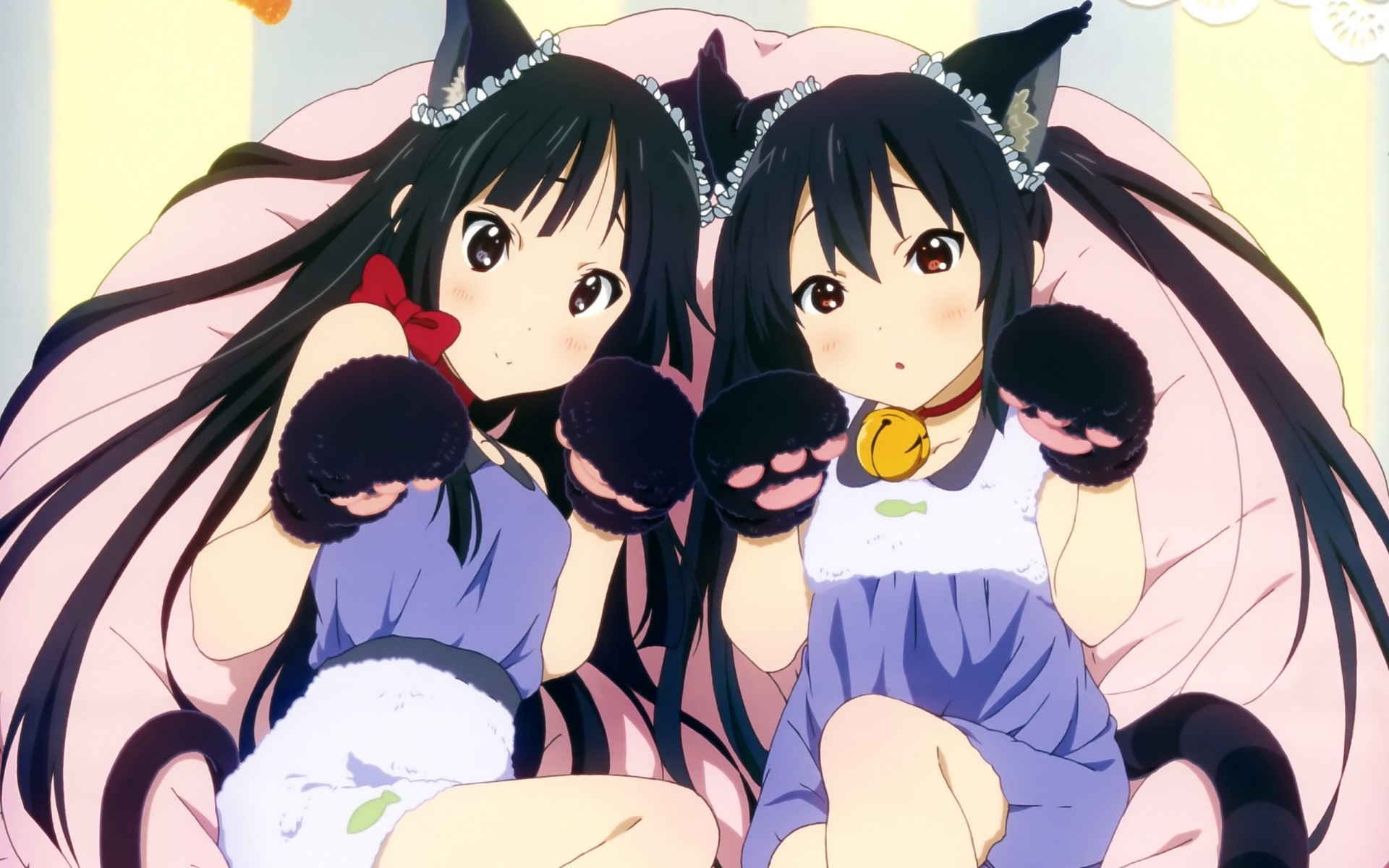 twintails torment black hair long hair red eyes collar 2girls catgirl black eyes animal ears tail