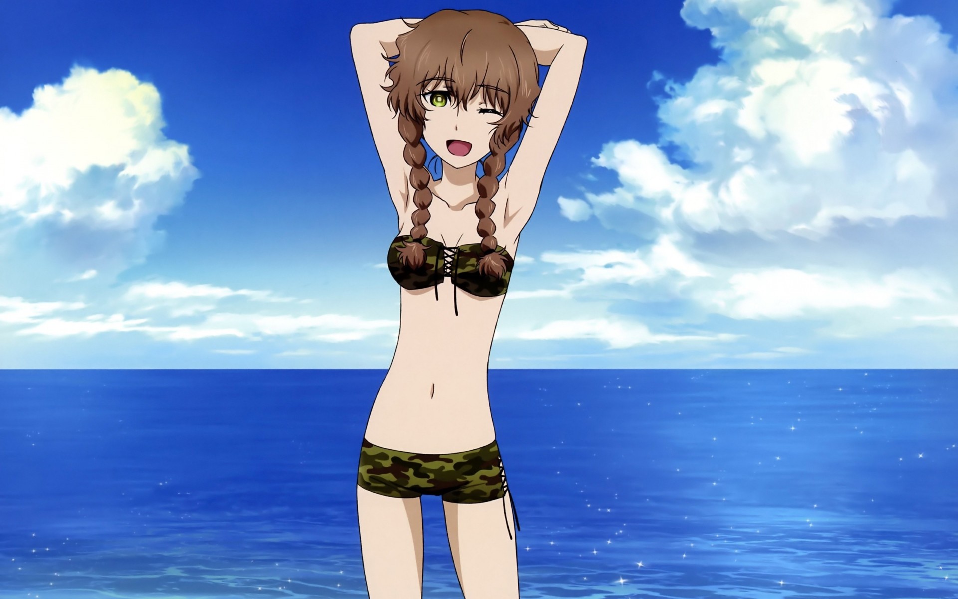 pit wink beach clouds bikini swimsuit green eyes long hair brown hair