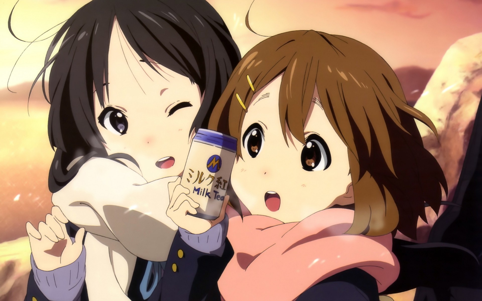 blue eyes short hair brown eyes wink drinking black hair scarf long hair 2girls brown hair