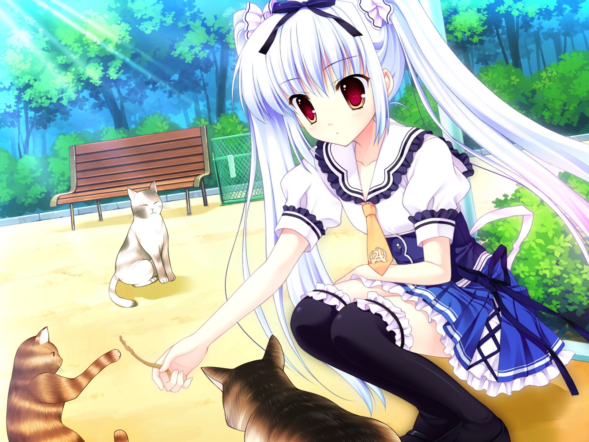 brown eyes seifuku long hair cat animals twintails white hair thighhigh