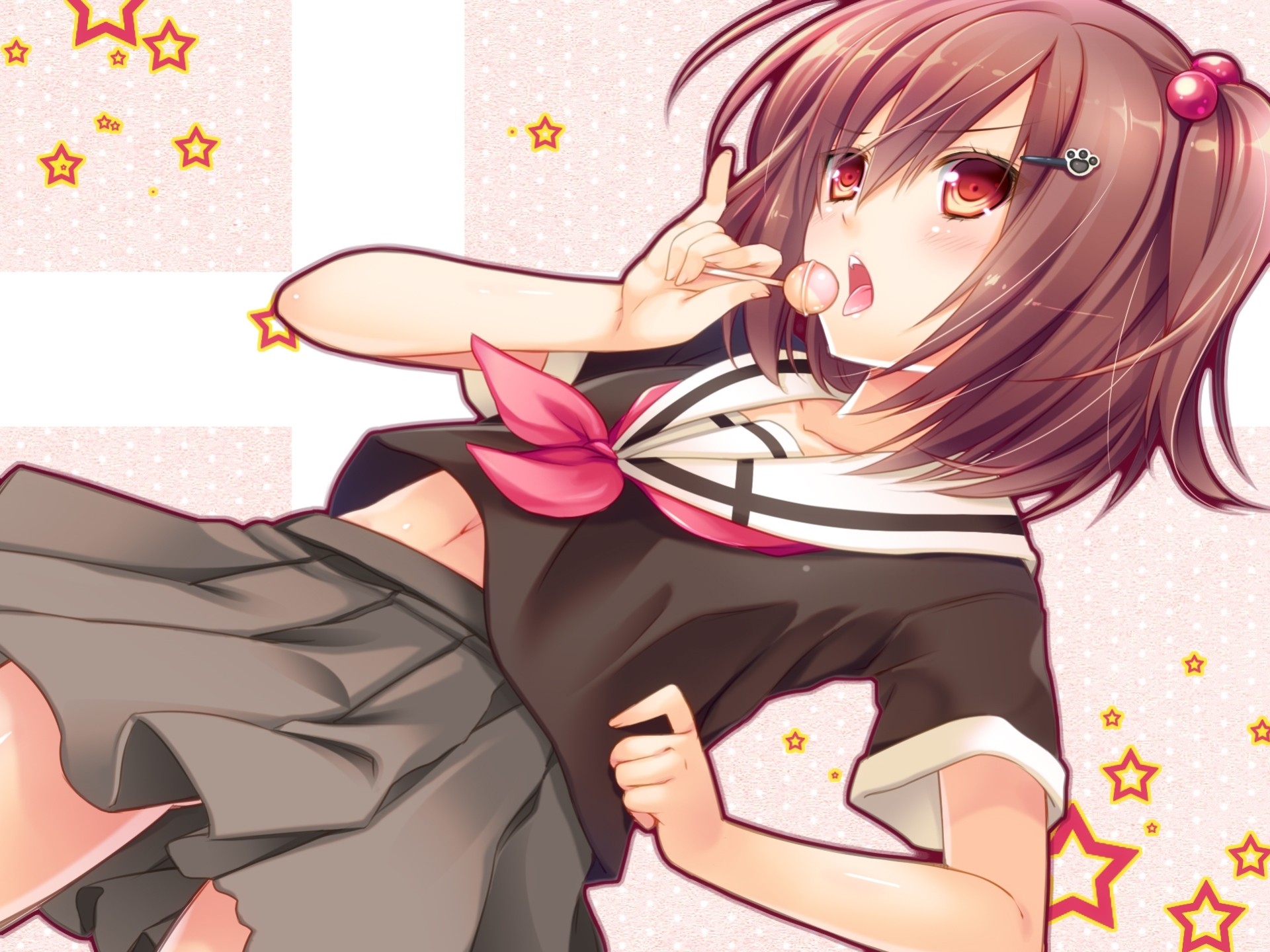 hort hair seifuku skirt blush red eyes brown hair