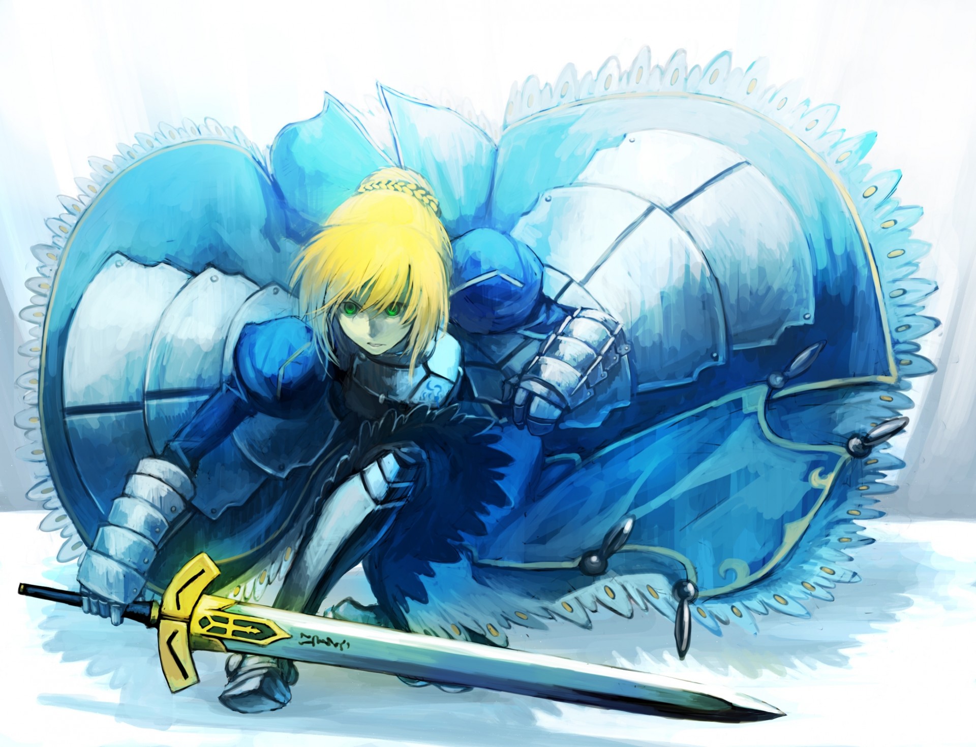 hort hair blonde hair armor saber blue green eyes sword dress up excalibur weapon