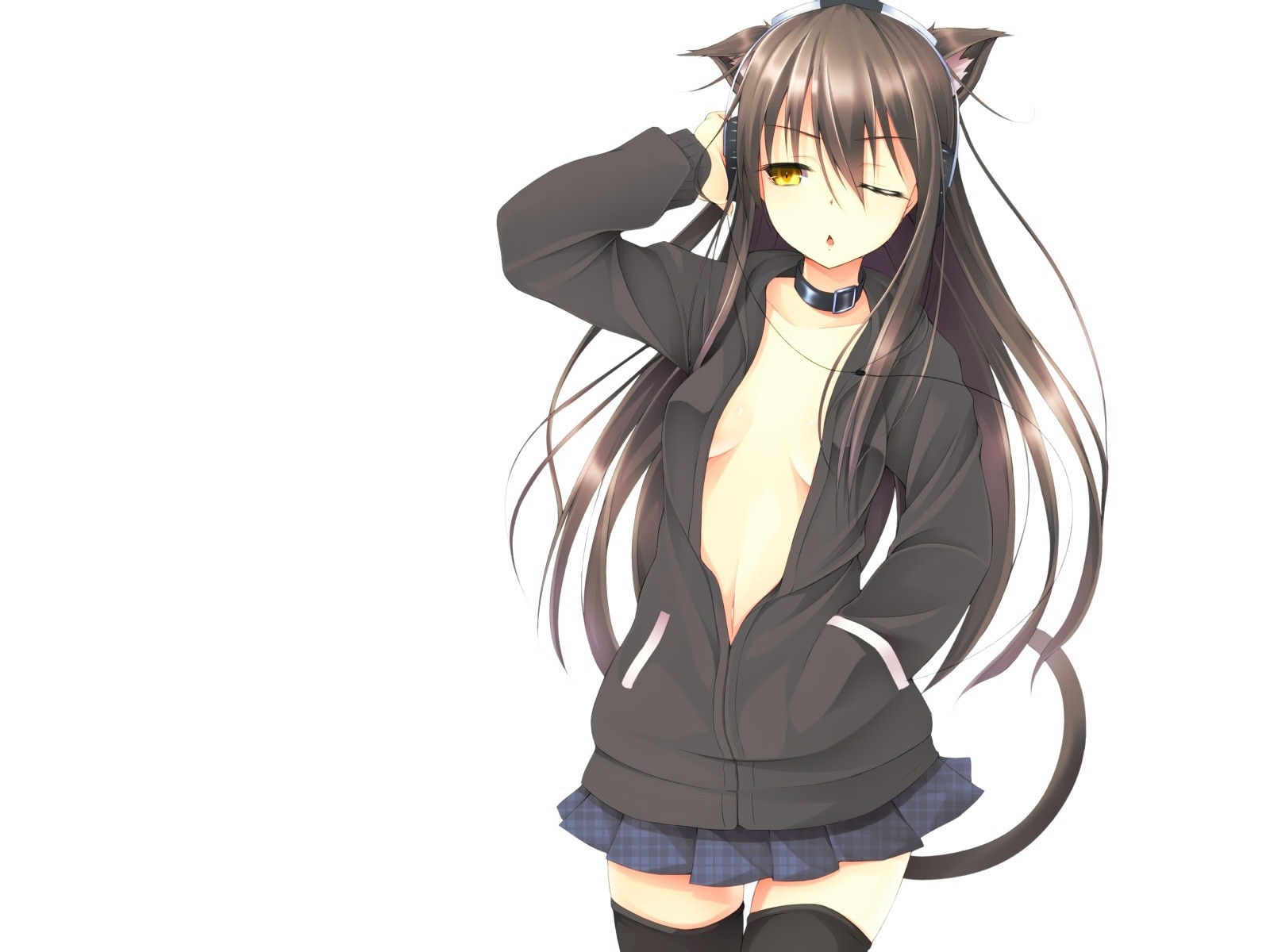 black hair long hair thighhighs catgirl headphones animal ears tail