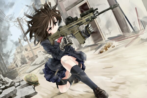 A girl with a machine gun in ruins and dust