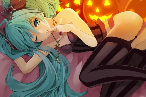 Anime for Halloween. Girl with pumpkins