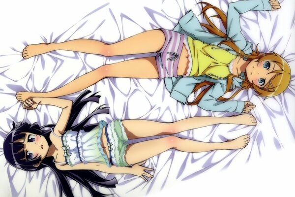 Anime long-haired girls barefoot on the bed