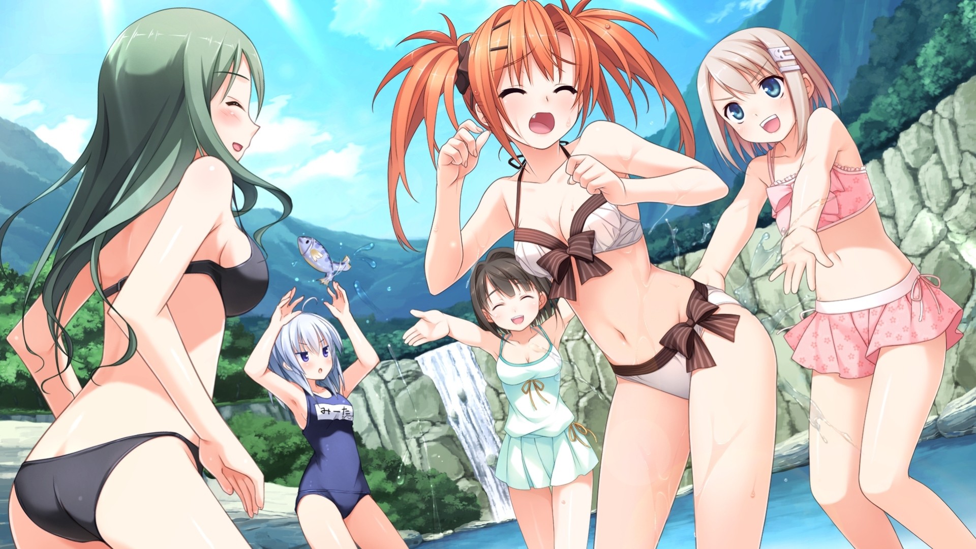 meta short hair pink hair fish the group long hair white hair bikini swimsuit green hair animals sumeragi ayaka twintails orange hair water chimari mima brown hair